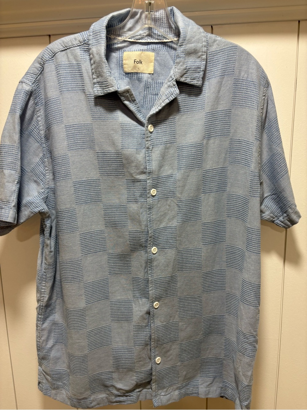 Folk Men’s Light Blue Checked Short-Sleeve Camp Collar Shirt Size Large